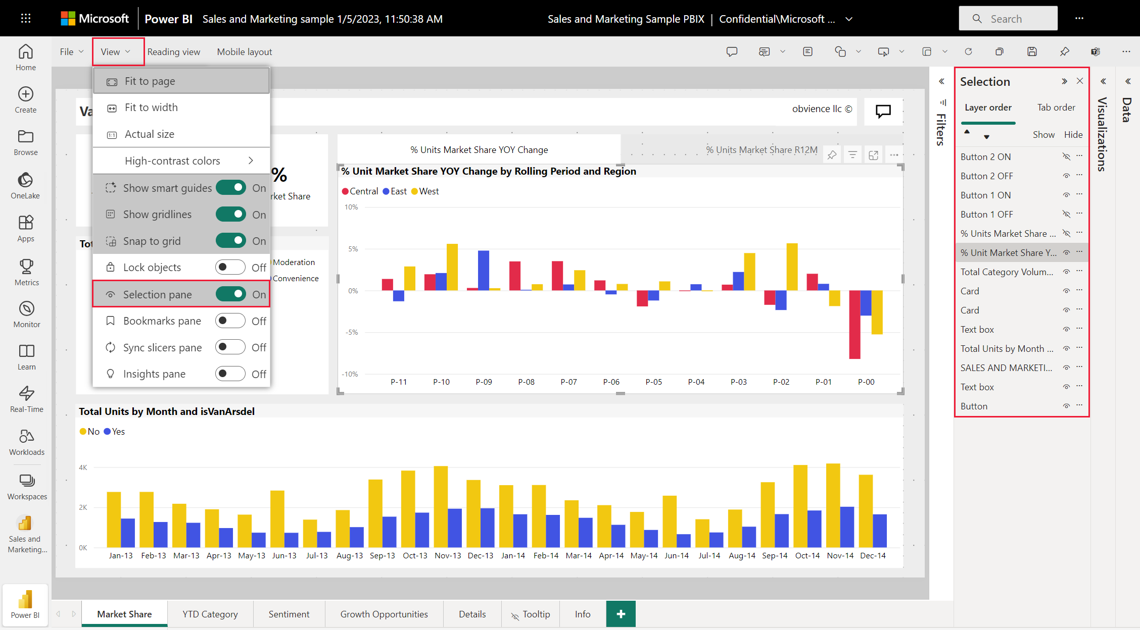 시각적 개체의 앞에서 뒤로를 설정하는 선택 창을 보여주는 Power BI 서비스 캔버스의 스크린샷.