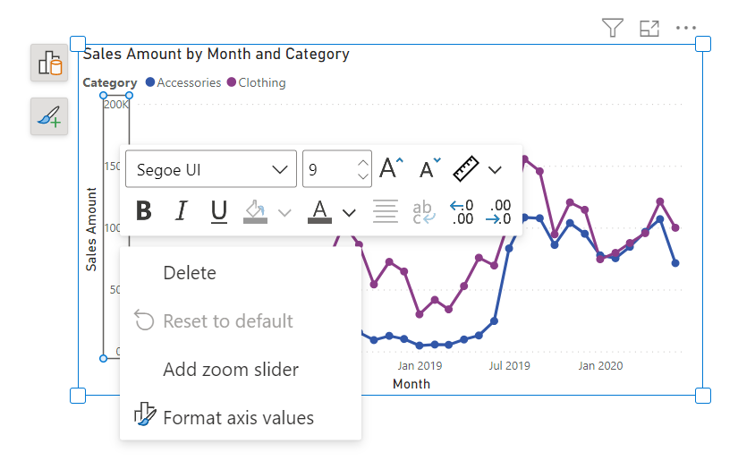 미니 도구 모음 서식 지정 옵션을 보여 주는 스크린샷