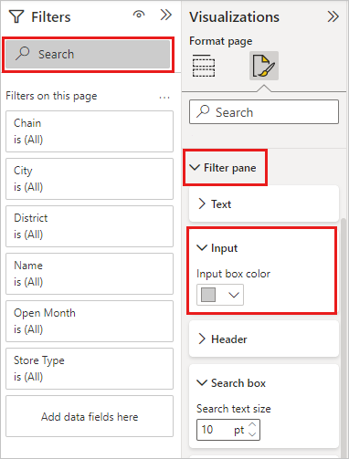Screenshot of the Filters pane, highlighting the option to format the search box.