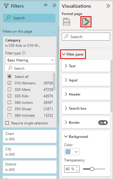 Screenshot that shows the Filters pane expanded under the Format icon in Power BI Desktop.