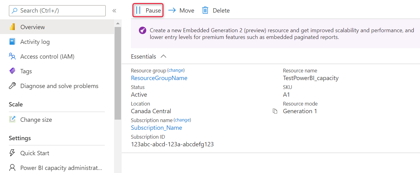 강조 표시된 일시 중지 단추를 보여주는 Azure Portal의 스크린샷