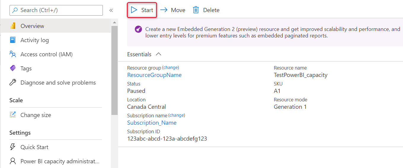 강조 표시된 시작 단추를 보여주는 Azure Portal의 스크린샷