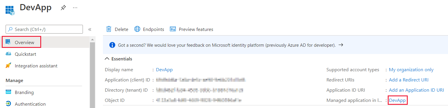 Microsoft Entra 애플리케이션의 개요 블레이드에 있는 로컬 디렉터리의 관리되는 애플리케이션 옵션을 보여주는 Azure Portal 창의 스크린샷