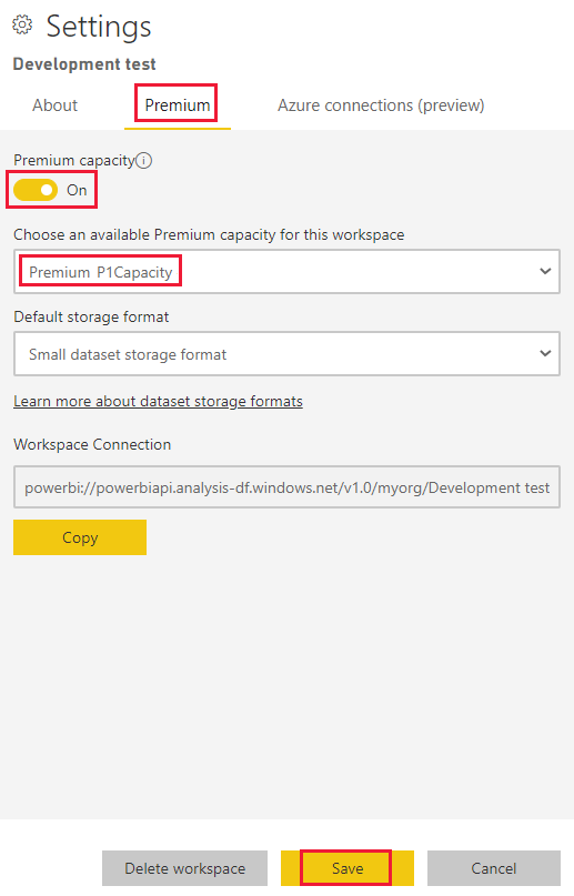 Screenshot of the premium settings of a workspace in the Power BI service. A selected capacity and the Save button are highlighted.