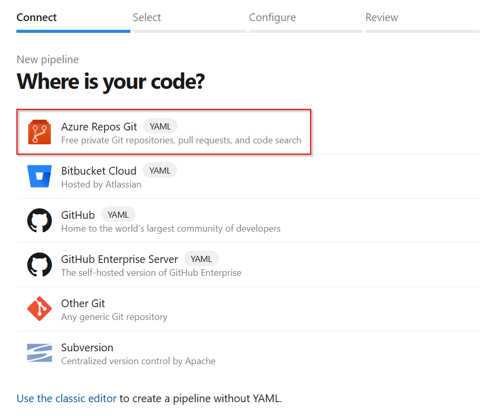 파이프라인의 코드 소스로 선택된 Azure 리포지토리 Git을 보여 주는 스크린샷.