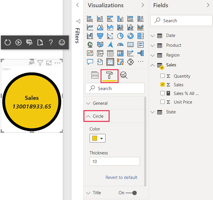 색상과 테두리 두께 형식 옵션이 표시된, Power BI 서비스에서의 React 원 카드 시각적 개체의 스크린샷