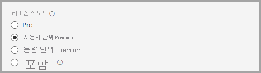 라이선스 모드 정보 패널을 보여 주는 스크린샷 사용자 단위 Premium 선택되어 있습니다.