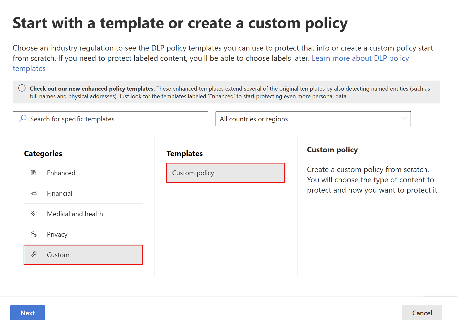 Screenshot of D L P choose custom policy page.