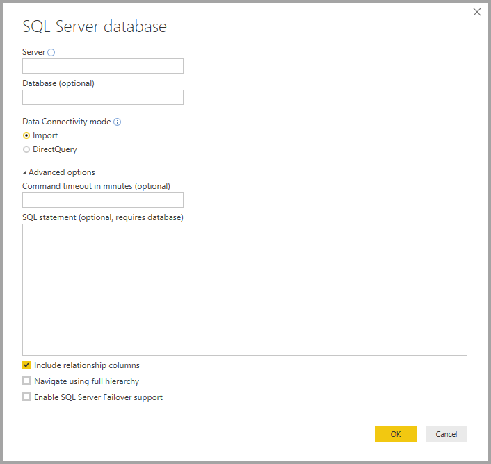 SQL Server 데이터베이스 대화 상자를 보여 주는 Power BI Desktop 스크린샷
