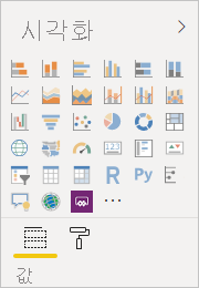 시각화 창을 보여 주는 Power BI Desktop의 스크린샷.