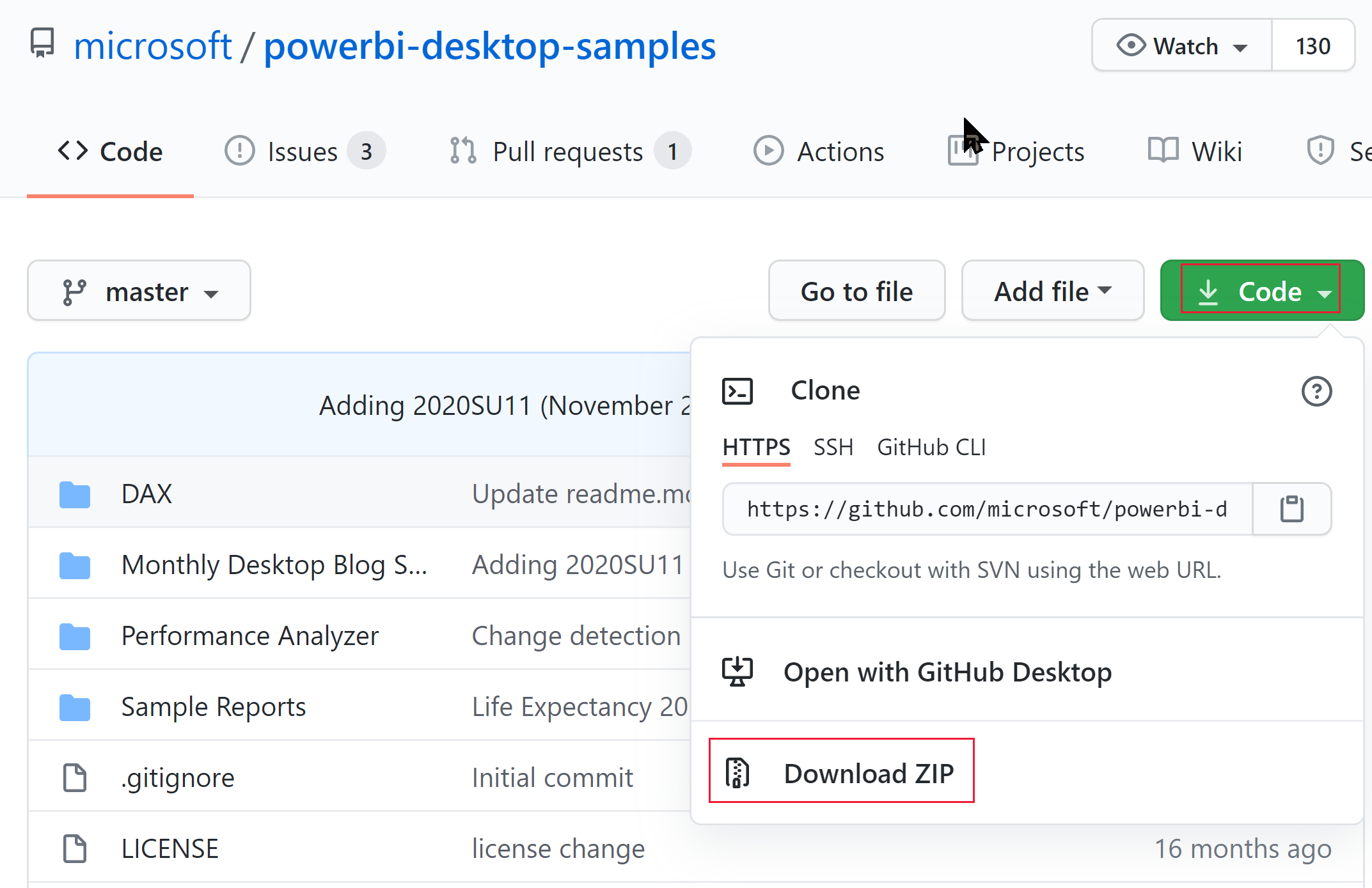 Power BI 데스크톱 샘플 GitHub의 ZIP 다운로드 옵션을 보여 주는 스크린샷