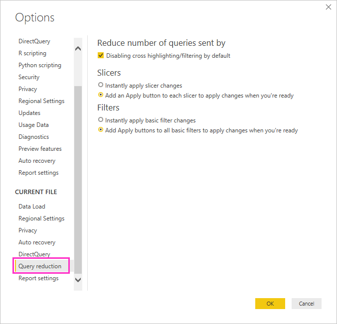 쿼리 감소 옵션이 표시된 스크린샷