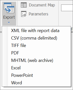 Power BI Report Builder 내보내기 옵션의 스크린샷