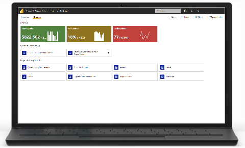 Power BI Report Server 웹 포털이 표시된 노트북을 보여 주는 사진.