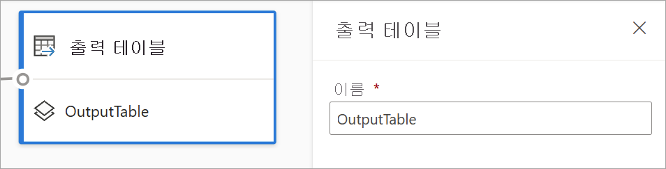 출력 테이블 카드 및 출력 테이블 구성 창을 보여 주는 스크린샷.