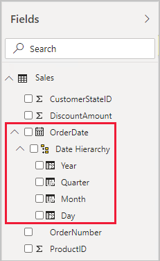 확장된 Sales 테이블이 열려 있는 필드 창의 예를 보여 주는 스크린샷.