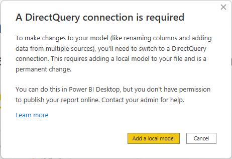 관리자가 DirectQuery 연결을 허용하지 않아 Power BI 의미 체계 모델을 사용하는 복합 모델을 게시할 수 없다고 사용자에게 알리는 경고 메시지를 보여 주는 스크린샷 사용자는 여전히 Desktop을 사용하여 모델을 만들 수 있습니다.