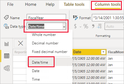 데이터 형식 필터가 선택된 모델링 탭을 보여 주는 Power BI Desktop의 스크린샷.