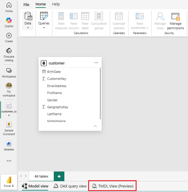 Power BI 서비스 TMDL 보기 단추를 보여 주는 스크린샷