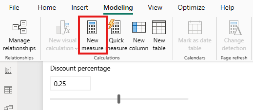 Power BI Desktop 리본의 스크린샷. 모델링 탭에서 새 측정값 단추가 강조 표시됩니다.