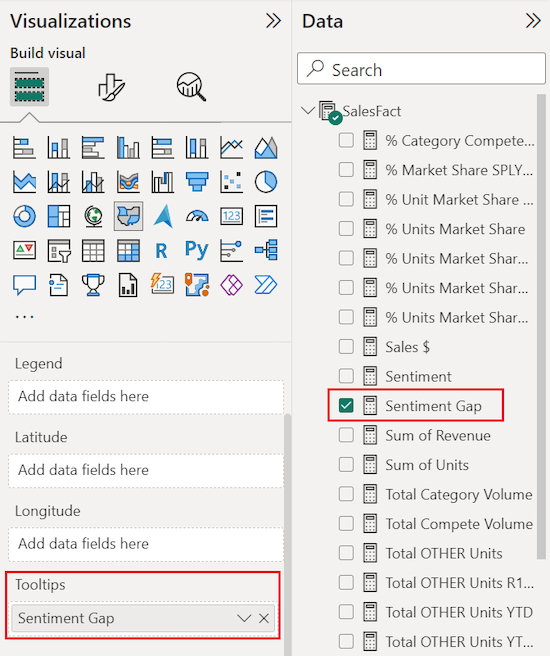 Screenshot that shows how to add a field from the Data pane to the Tooltips option on the Visualizations pane.