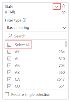 Screenshot that shows how to choose the Select All option for the State field on the Filters pane.