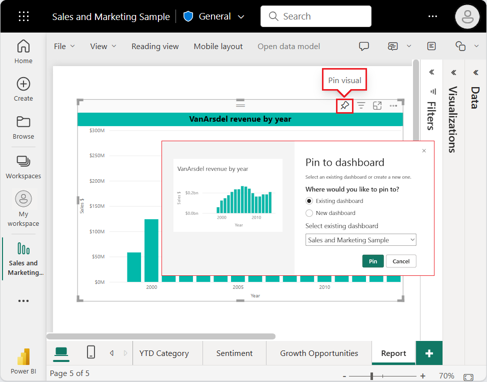 Power BI 서비스의 대시보드에 표준 시각적 개체를 고정하는 방법을 보여 주는 스크린샷