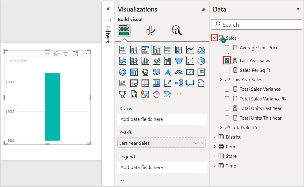 Screenshot that shows the Last Year Sales checkbox selected and the default chart visual created by Power BI.