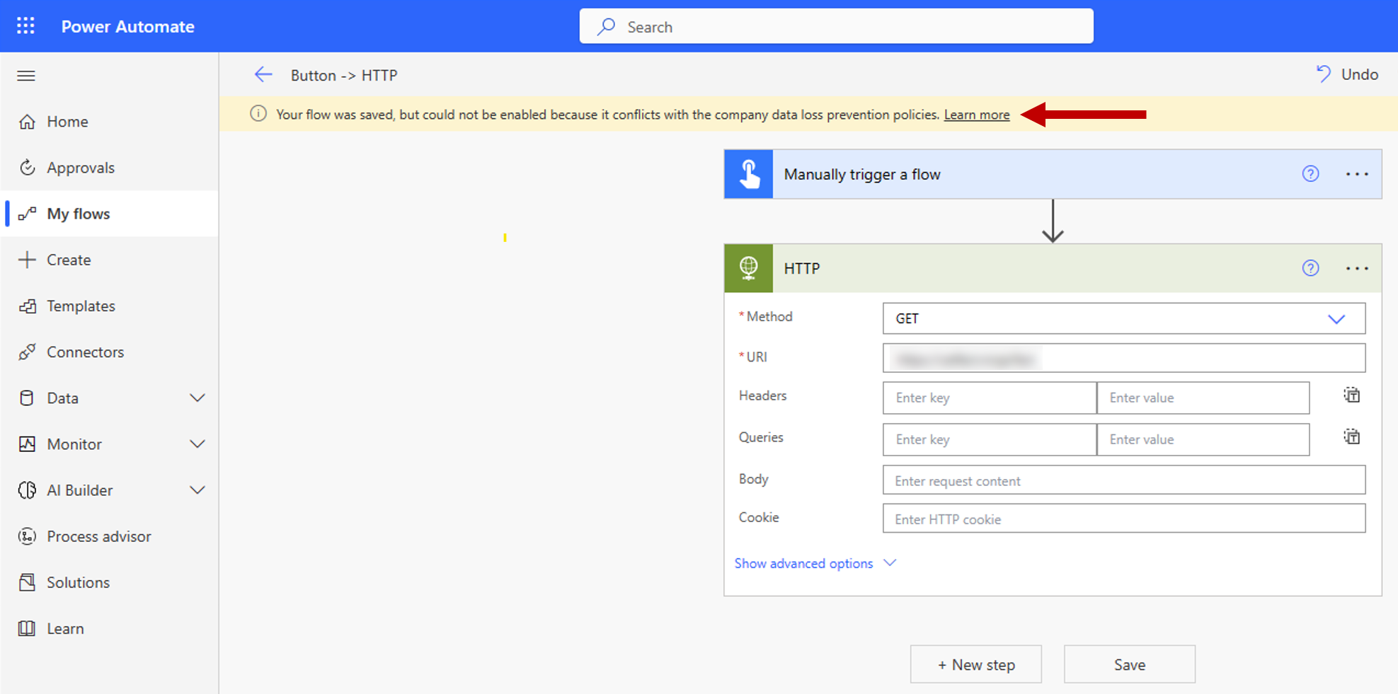 엔드포인트 필터링 규칙으로 인한 데이터 정책 오류입니다.