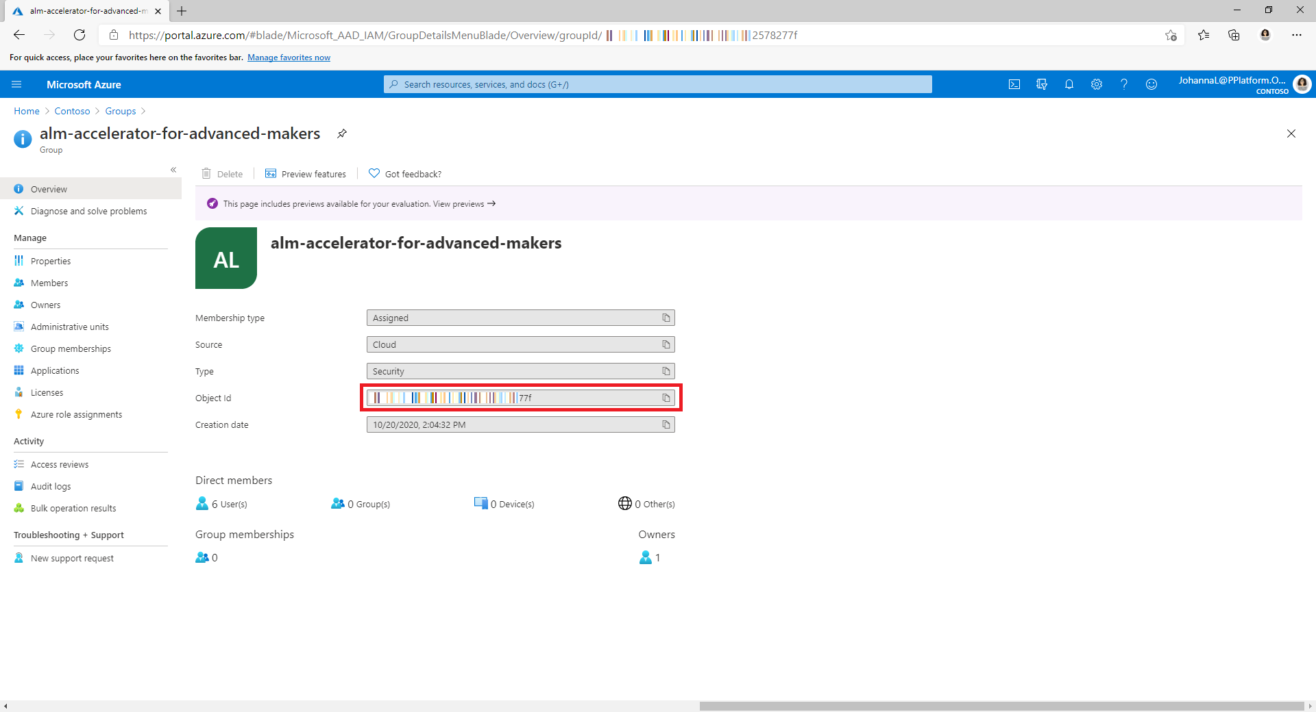 개체 ID 레이블 옆에 있는 비활성화된 텍스트 상자에 강조 표시된 Microsoft Entra 그룹 ID의 스크린샷.