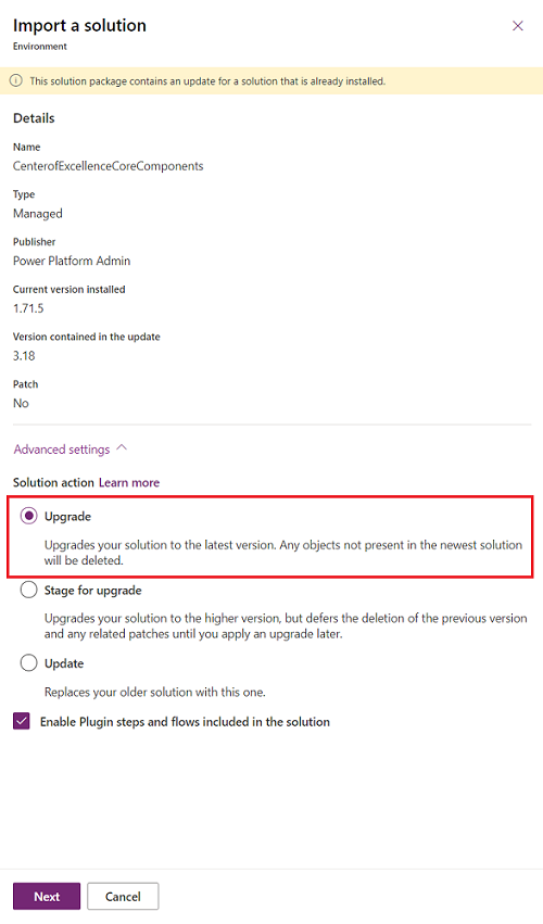업그레이드 작업이 강조 표시된 솔루션 가져오기 창의 스크린샷
