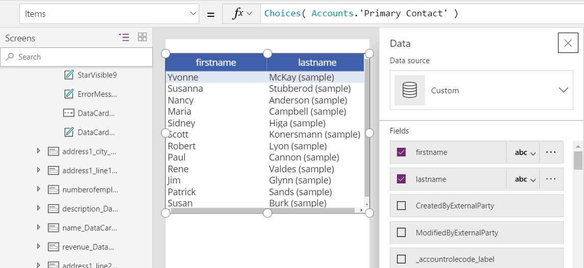 데이터 테이블 컨트롤이 있는 캔버스 화면. Items 속성이 Choices( Accounts.'Primary Contact' ) 수식으로 설정되면 테이블에서는 연락처 테이블의 첫 번째 집합 레코드에 대한 firstname 및 lastname 열을 보여줍니다.
