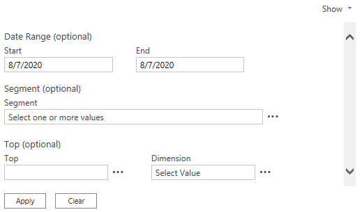 Adobe Analytics 탐색기의 선택적 입력 매개 변수 스크린샷