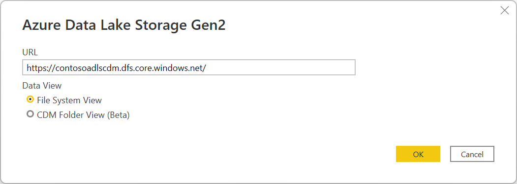 Screenshot of the Azure Data Lake Storage Gen2 dialog box, with the URL entered.