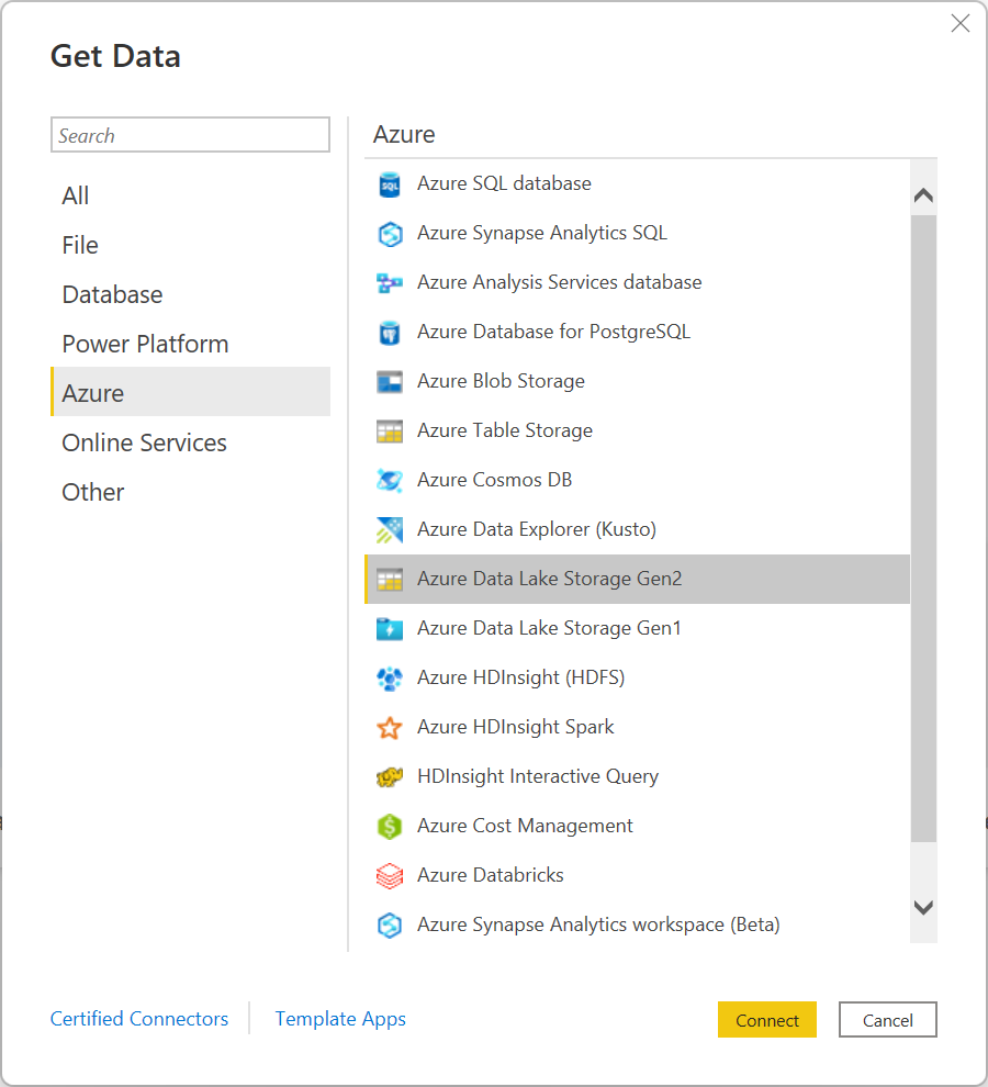 Screenshot of the get data page, with the Azure category selected, and Azure Data Lake Storage Gen2 emphasized.