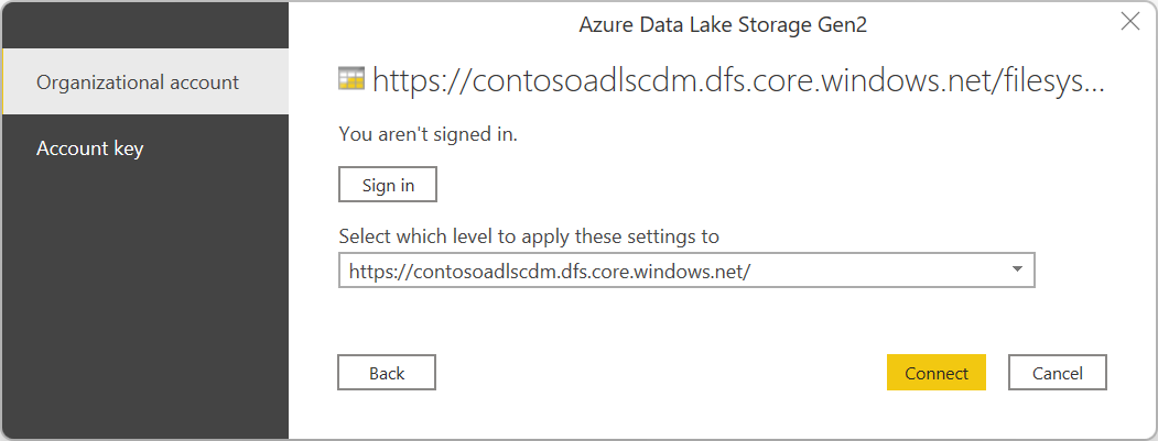 Screenshot of the sign in dialog box for Azure Data Lake Storage Gen2, with organizational account selected, and ready to be signed in.