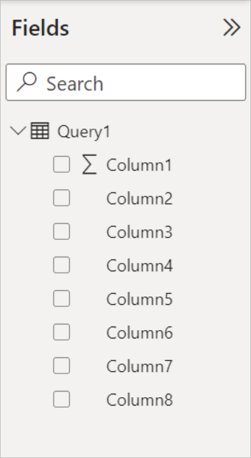 이제 Query1에서 Column1부터 Column8까지의 필드 창이 표시된 Power BI의 필드 창 스크린샷