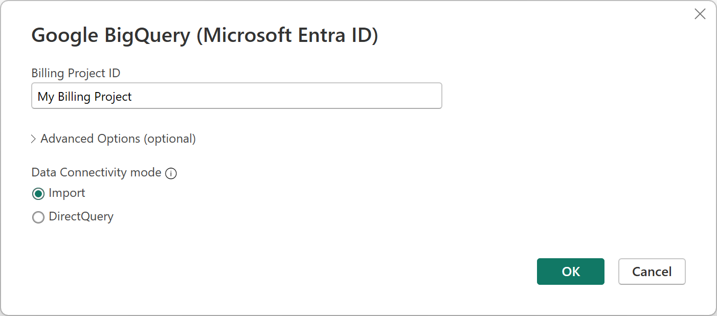 청구 프로젝트 ID를 입력하고 가져오기 또는 DirectQuery를 선택하고 선택적으로 고급 옵션을 선택하는 Google BigQuery(Microsoft Entra ID) 대화 상자의 스크린샷.