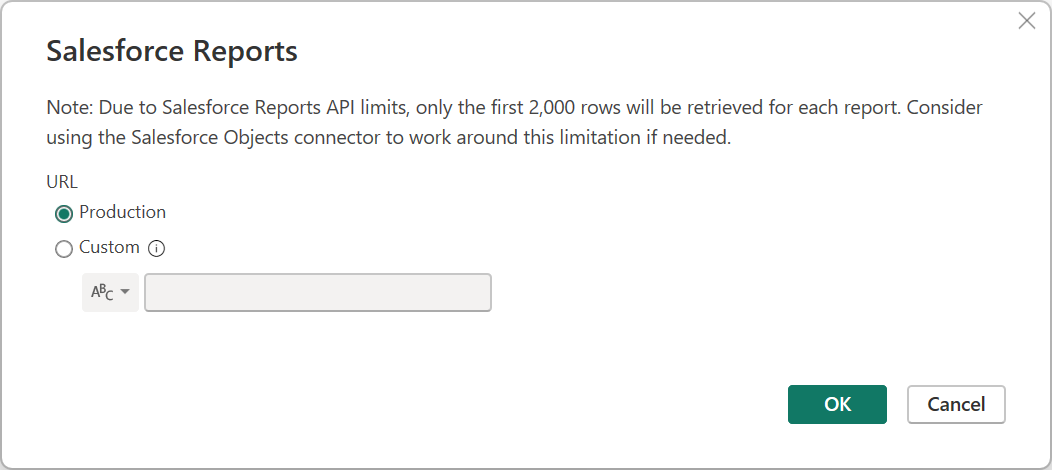 프로덕션 URL이 선택된 데이터 가져오기 대화 상자의 스크린샷.