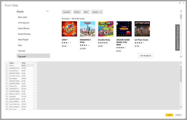 파워 쿼리의 예제별 웹 데이터 가져오기 대화 상자 스크린샷