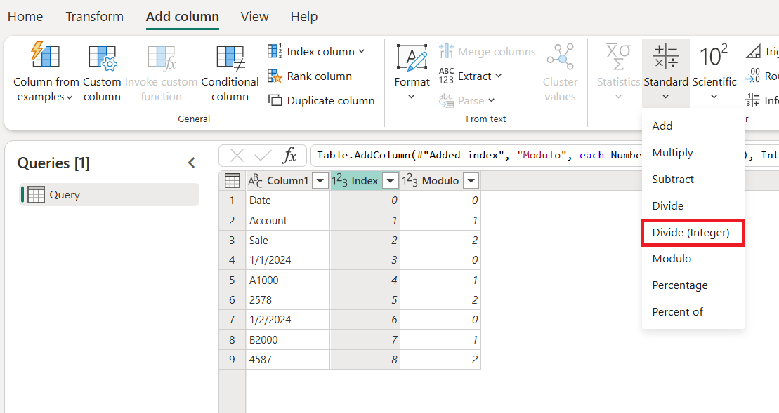 열 추가 탭의 나누기(정수) 단추 스크린샷