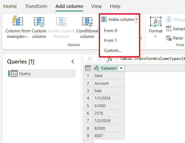 열 추가 탭의 인덱스 열 추가 명령 스크린샷