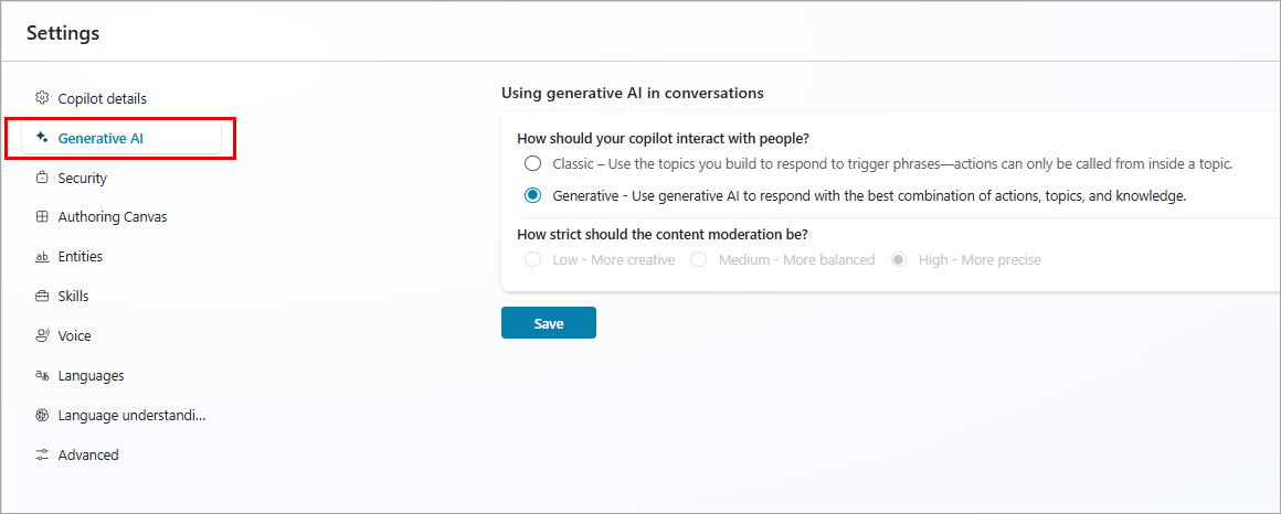 Generative AI를 활성화하거나 비활성화하는 위치를 보여주는 스크린샷.
