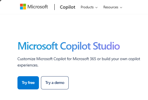 Microsoft Copilot Studio 소개 웹 사이트의 무료 체험 버튼 위치 스크린샷.