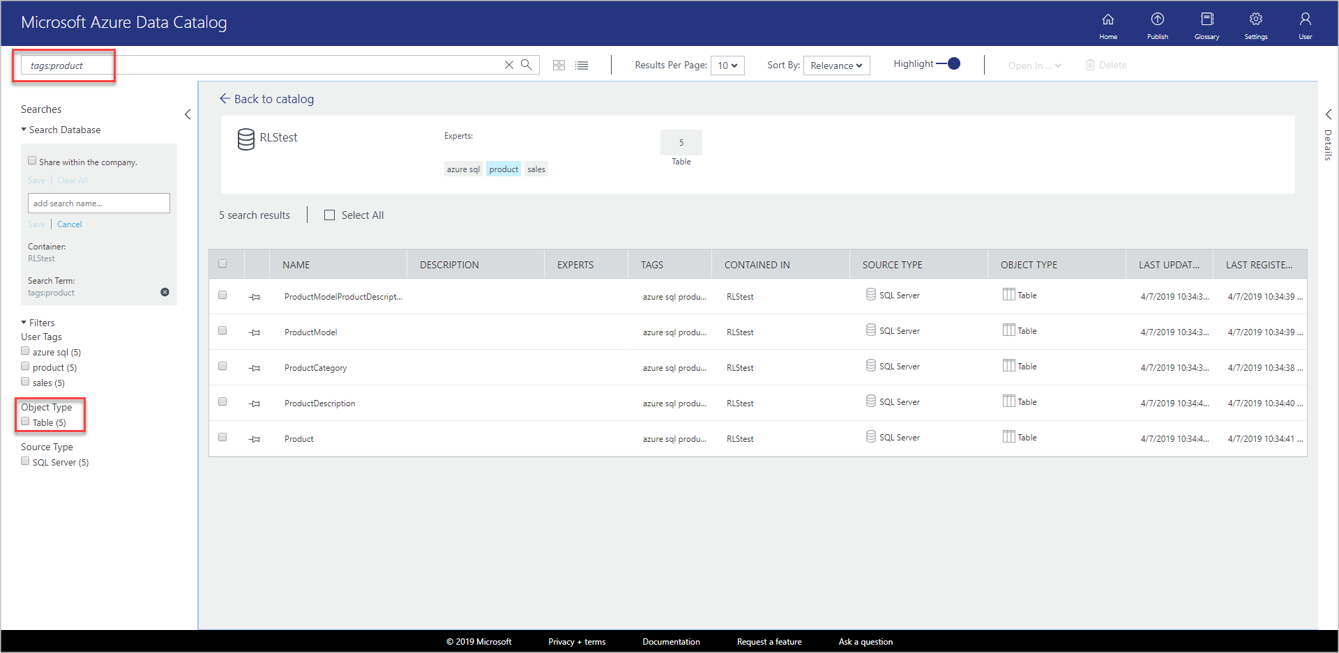 검색 창에 '태그: 제품'이 입력되고 개체 유형 필터에 '테이블'이 선택되어 있습니다.