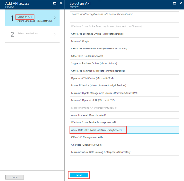 API 선택 옵션이 설명선으로 표시된 API 액세스 추가 블레이드 및 Azure Data Lake 옵션과 선택 옵션이 설명선으로 표시된 API 선택 블레이드 스크린샷