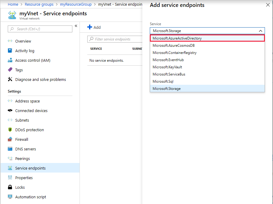 Microsoft.AzureActiveDirectory 서비스 엔드포인트 선택