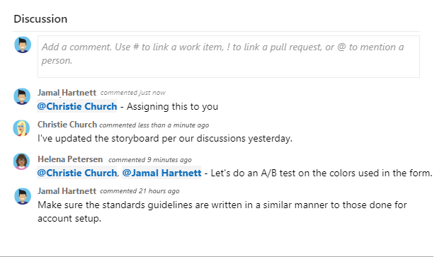 Screenshot that shows the Discussion section within a work item form.