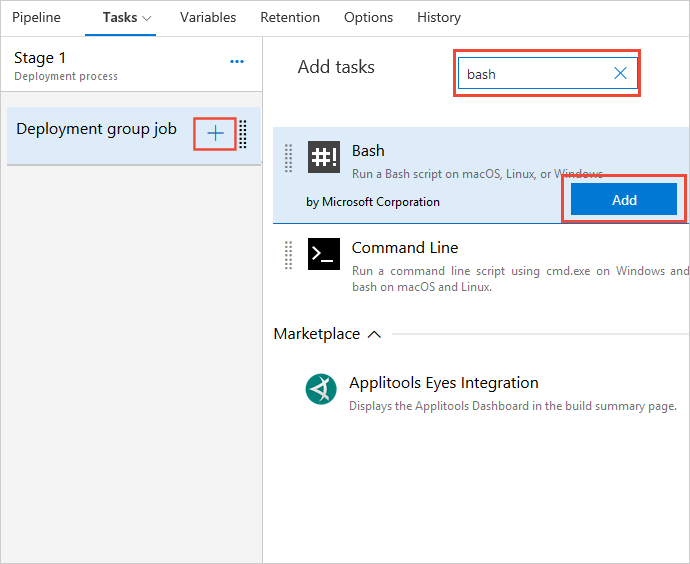A screenshot showing how to add the bash task.