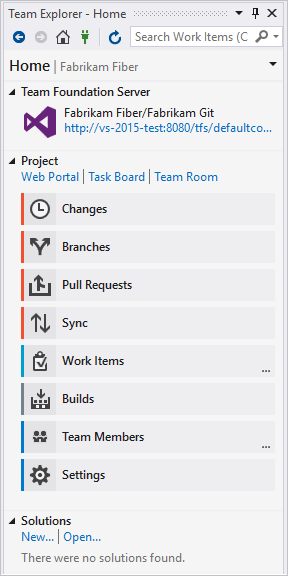 Team Explorer Home page with Git as source control Team Explorer Home page with Git as source control